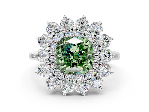 White gold Fancy Green Cushion Cut Halo Cluster Diamond Ring with Pave Band and Four-Prong Setting_13