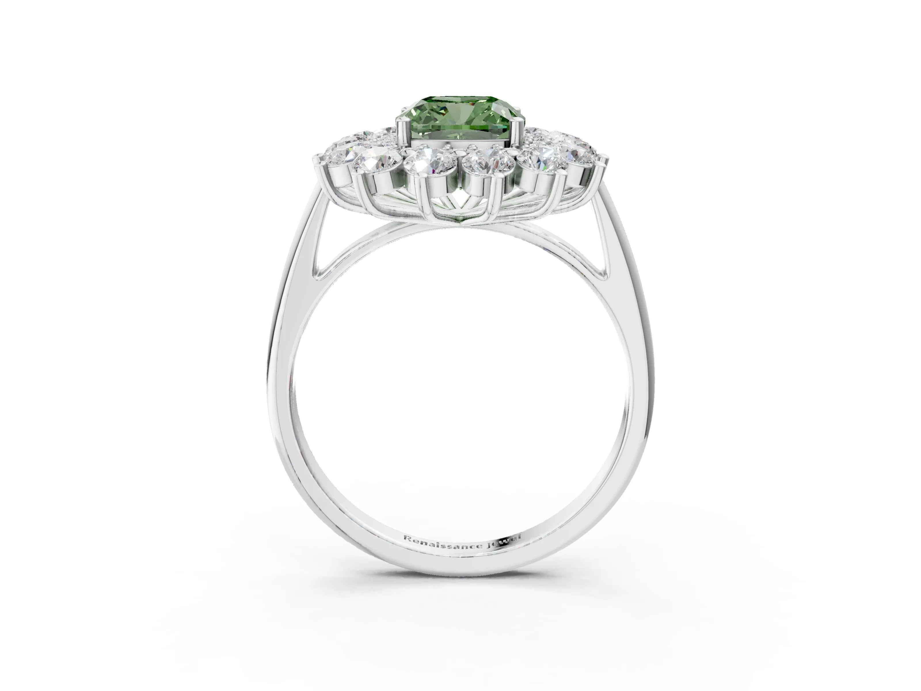 White gold Fancy Green Cushion Cut Halo Cluster Diamond Ring with Pave Band and Four-Prong Setting_16