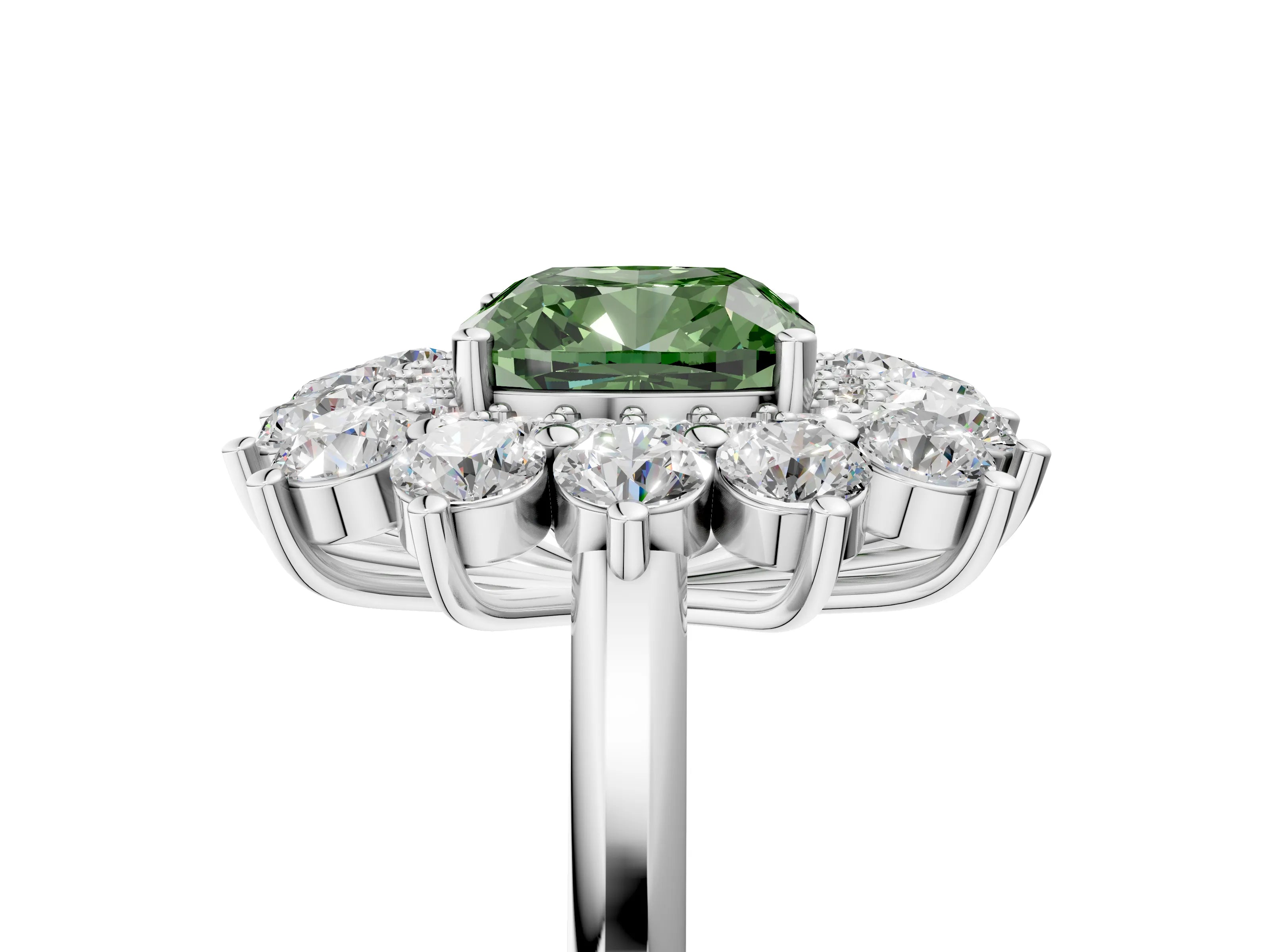 White gold Fancy Green Cushion Cut Halo Cluster Diamond Ring with Pave Band and Four-Prong Setting_18