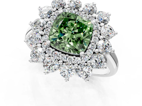 White gold Fancy Green Cushion Cut Halo Cluster Diamond Ring with Pave Band and Four-Prong Setting_1