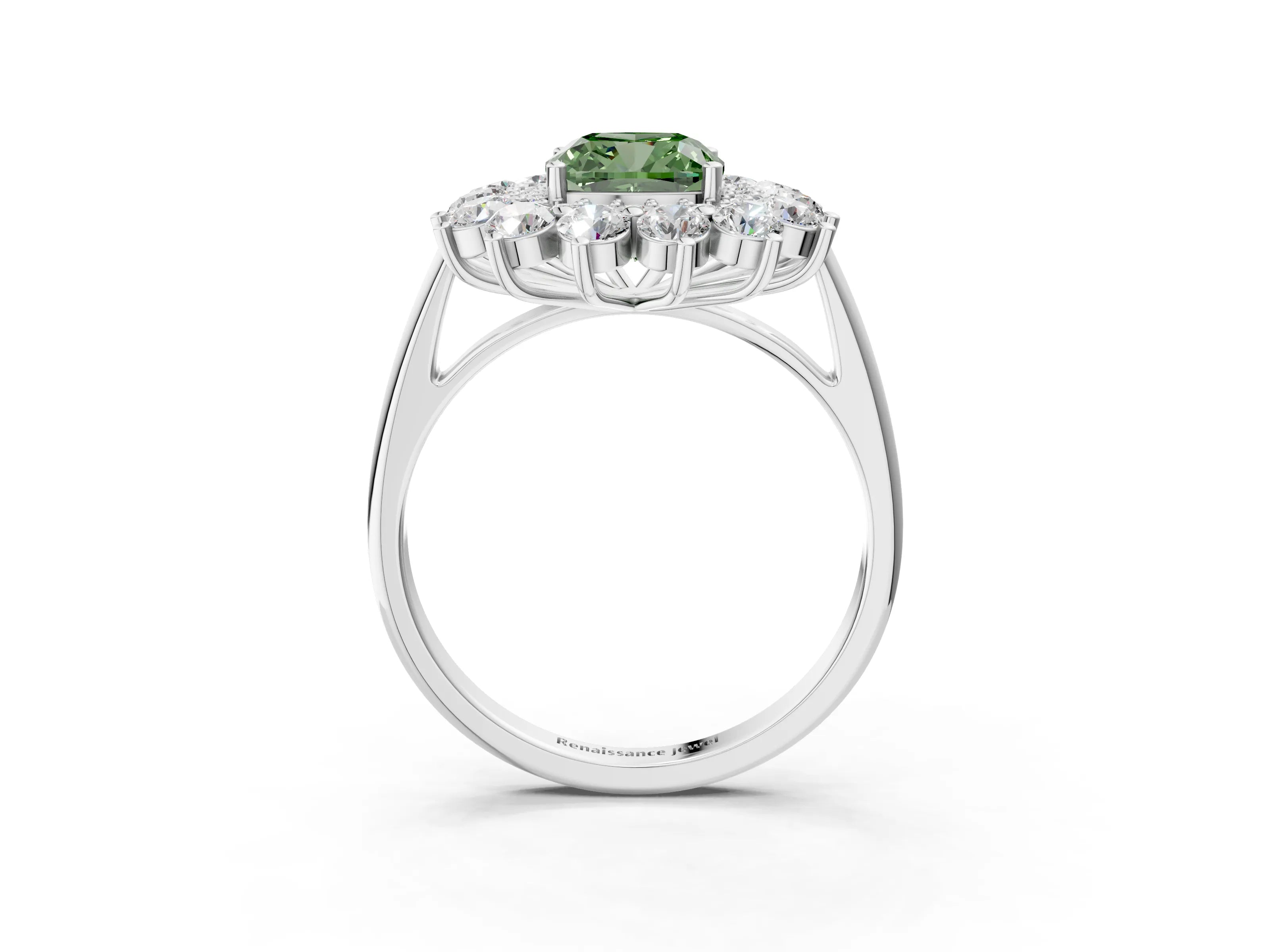 White gold Fancy Green Cushion Cut Halo Cluster Diamond Ring with Pave Band and Four-Prong Setting_3