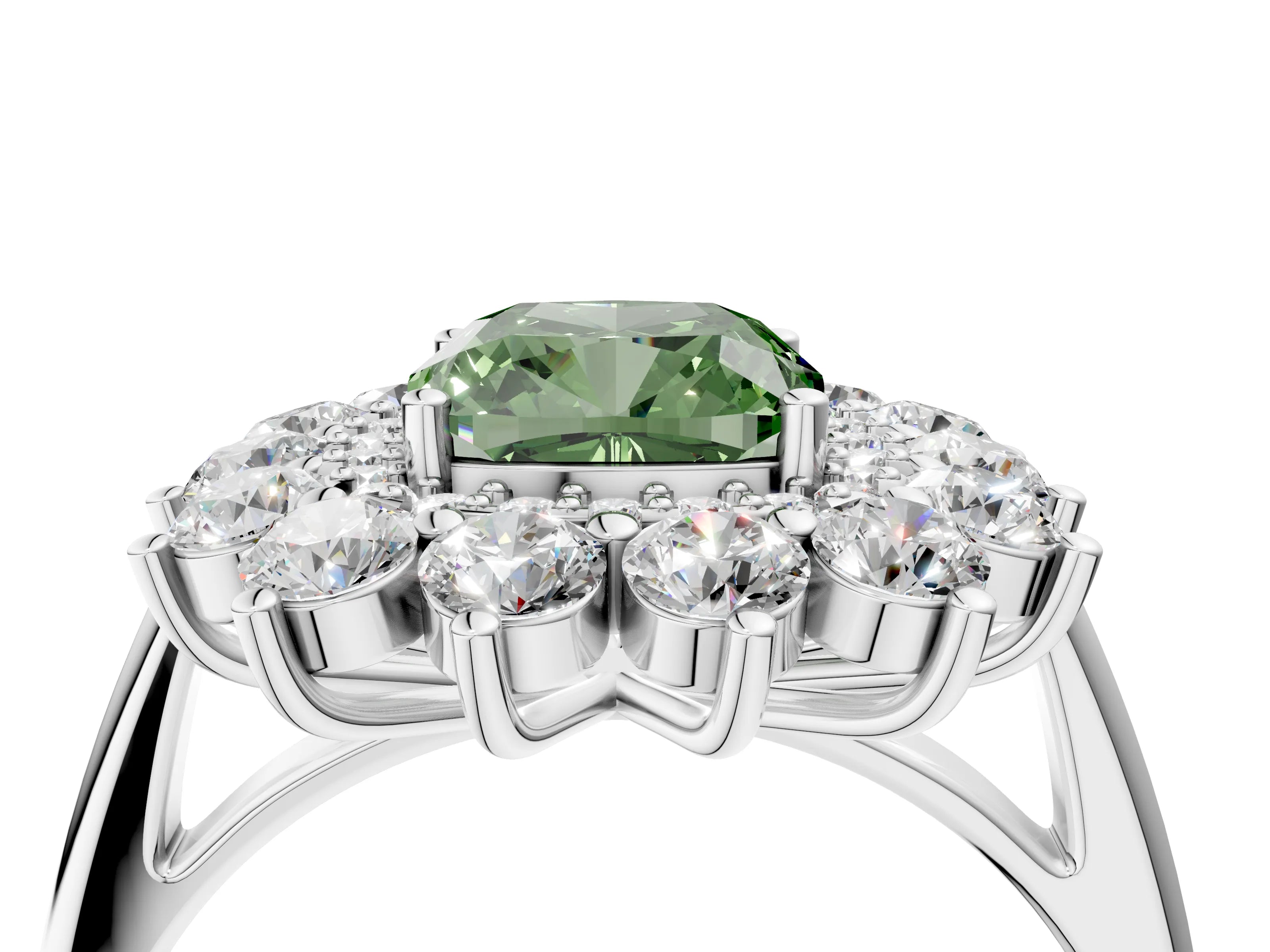 White gold Fancy Green Cushion Cut Halo Cluster Diamond Ring with Pave Band and Four-Prong Setting_4