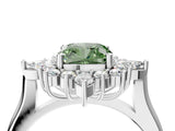 White gold Fancy Green Cushion Cut Halo Diamond Cluster Ring with Marquise and Round Stones on a White Gold Band with Prong Setting_4