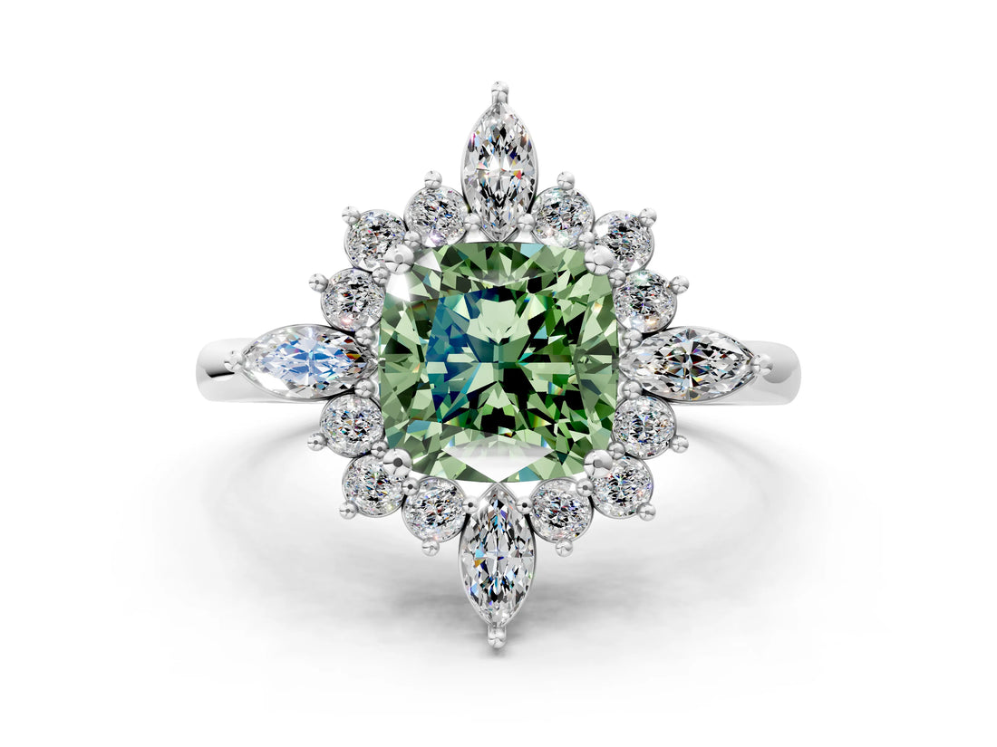White gold Fancy Green Cushion Cut Halo Diamond Cluster Ring with Marquise and Round Stones on a White Gold Band with Prong Setting