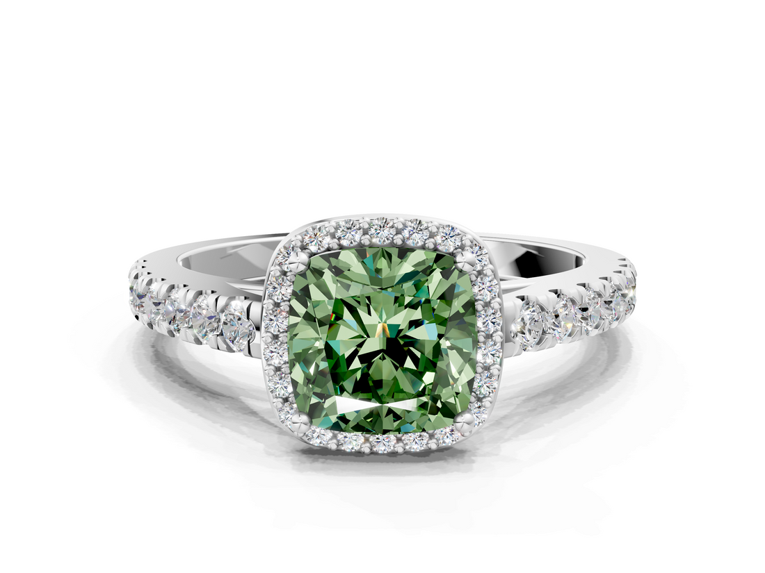 White gold Fancy Green Cushion  Cut Halo Diamond Engagement Ring with Pave Band and Four-Prong Setting_28