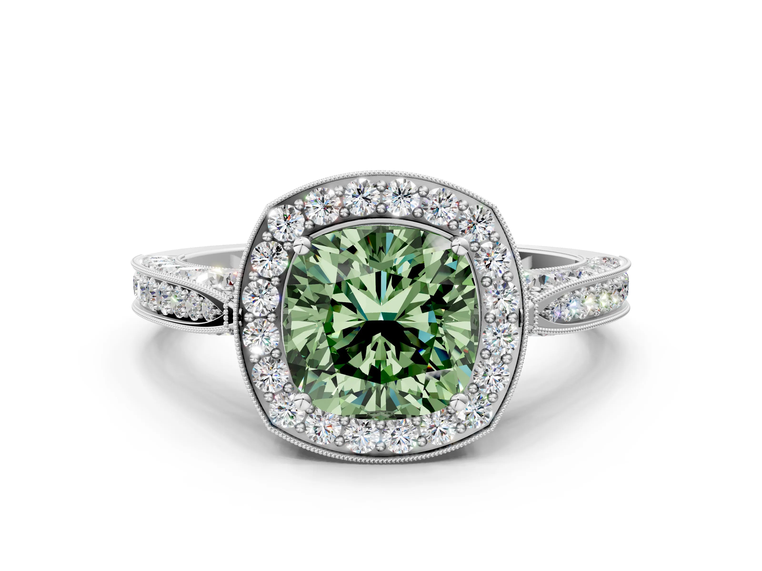White gold Fancy Green Cushion Cut Halo Diamond Engagement Ring with Split Shank Band and Four-Prong Setting_12