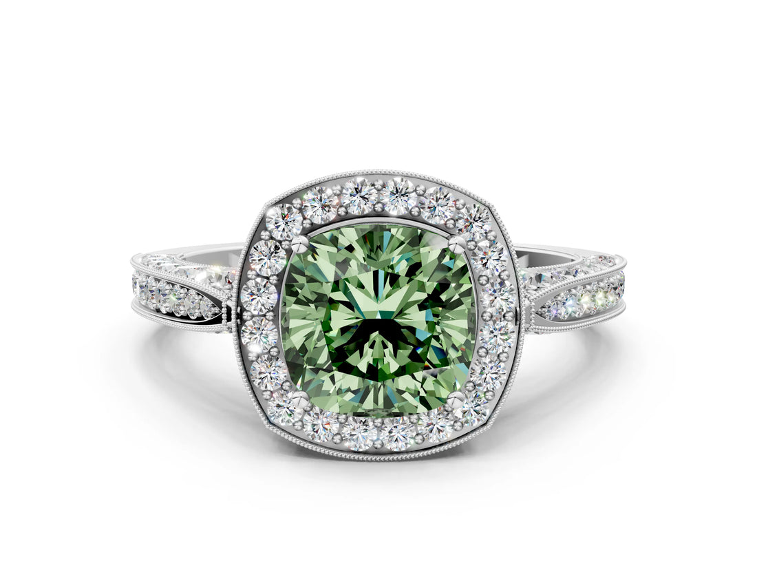 White gold Fancy Green Cushion Cut Halo Diamond Engagement Ring with Split Shank Band and Four-Prong Setting_12
