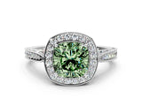 White gold Fancy Green Cushion Cut Halo Diamond Engagement Ring with Split Shank Band and Four-Prong Setting_12
