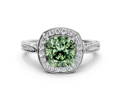 White gold Fancy Green Cushion Cut Halo Diamond Engagement Ring with Split Shank Band and Four-Prong Setting_12