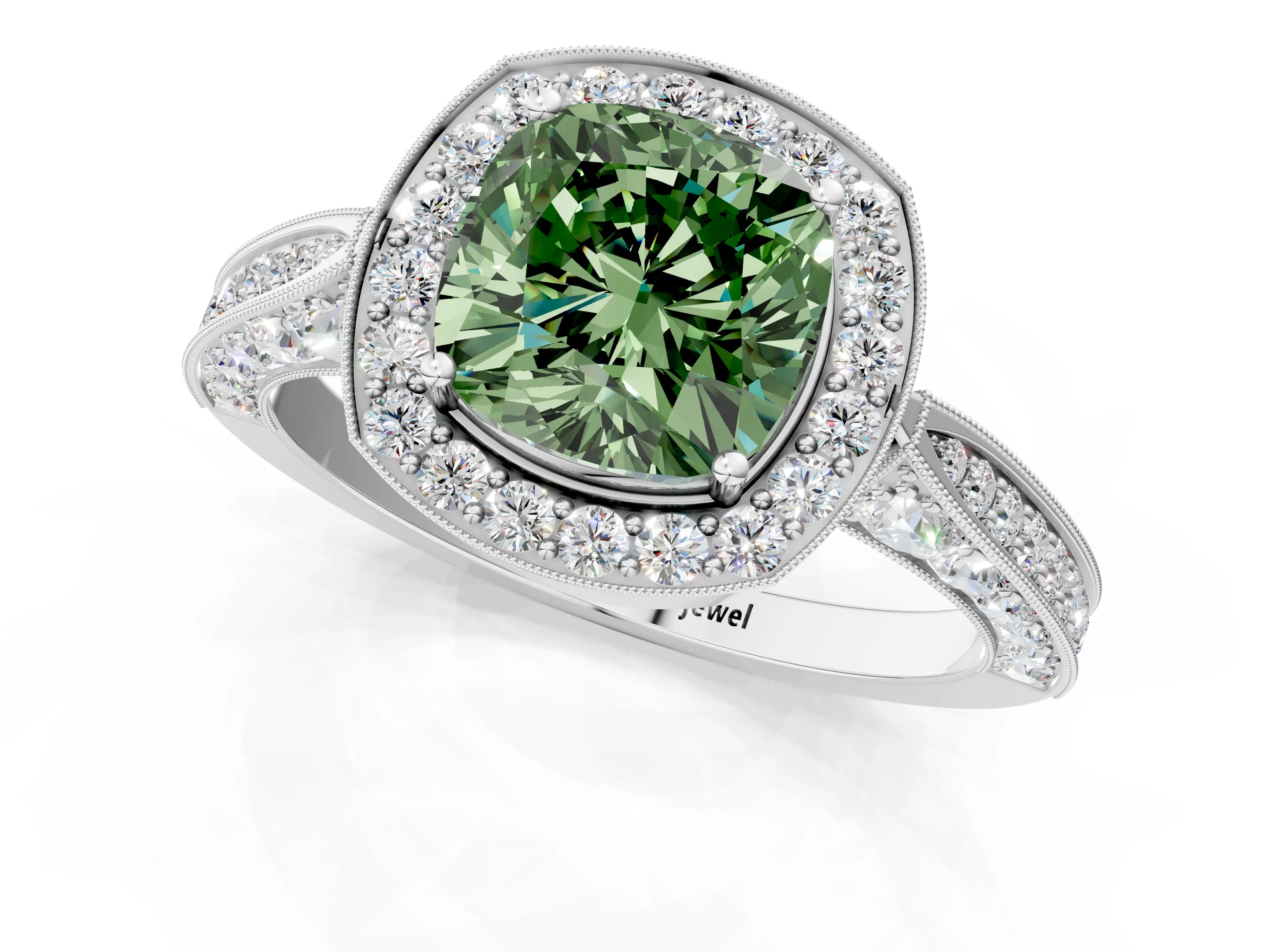 White gold Fancy Green Cushion Cut Halo Diamond Engagement Ring with Split Shank Band and Four-Prong Setting_13
