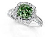 White gold Fancy Green Cushion Cut Halo Diamond Engagement Ring with Split Shank Band and Four-Prong Setting_13