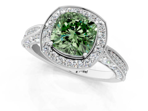 White gold Fancy Green Cushion Cut Halo Diamond Engagement Ring with Split Shank Band and Four-Prong Setting_13