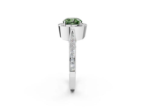 White gold Fancy Green Cushion Cut Halo Diamond Engagement Ring with Split Shank Band and Four-Prong Setting_14