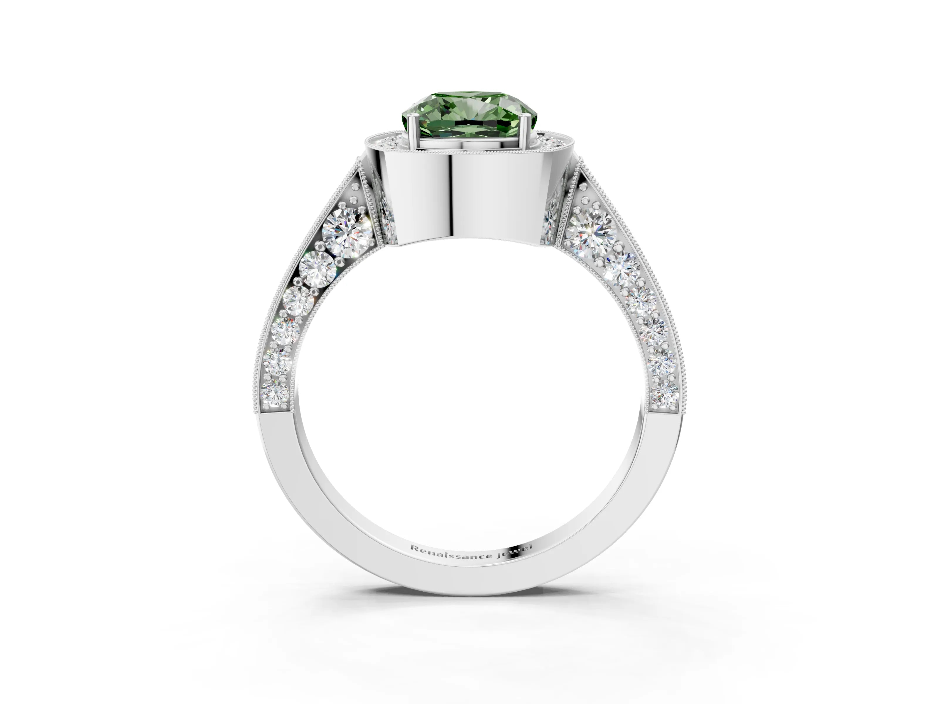 White gold Fancy Green Cushion Cut Halo Diamond Engagement Ring with Split Shank Band and Four-Prong Setting_15
