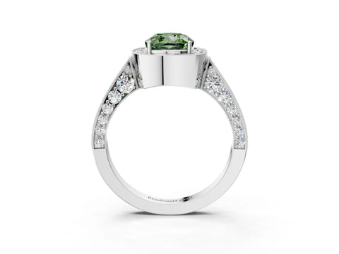 White gold Fancy Green Cushion Cut Halo Diamond Engagement Ring with Split Shank Band and Four-Prong Setting_15