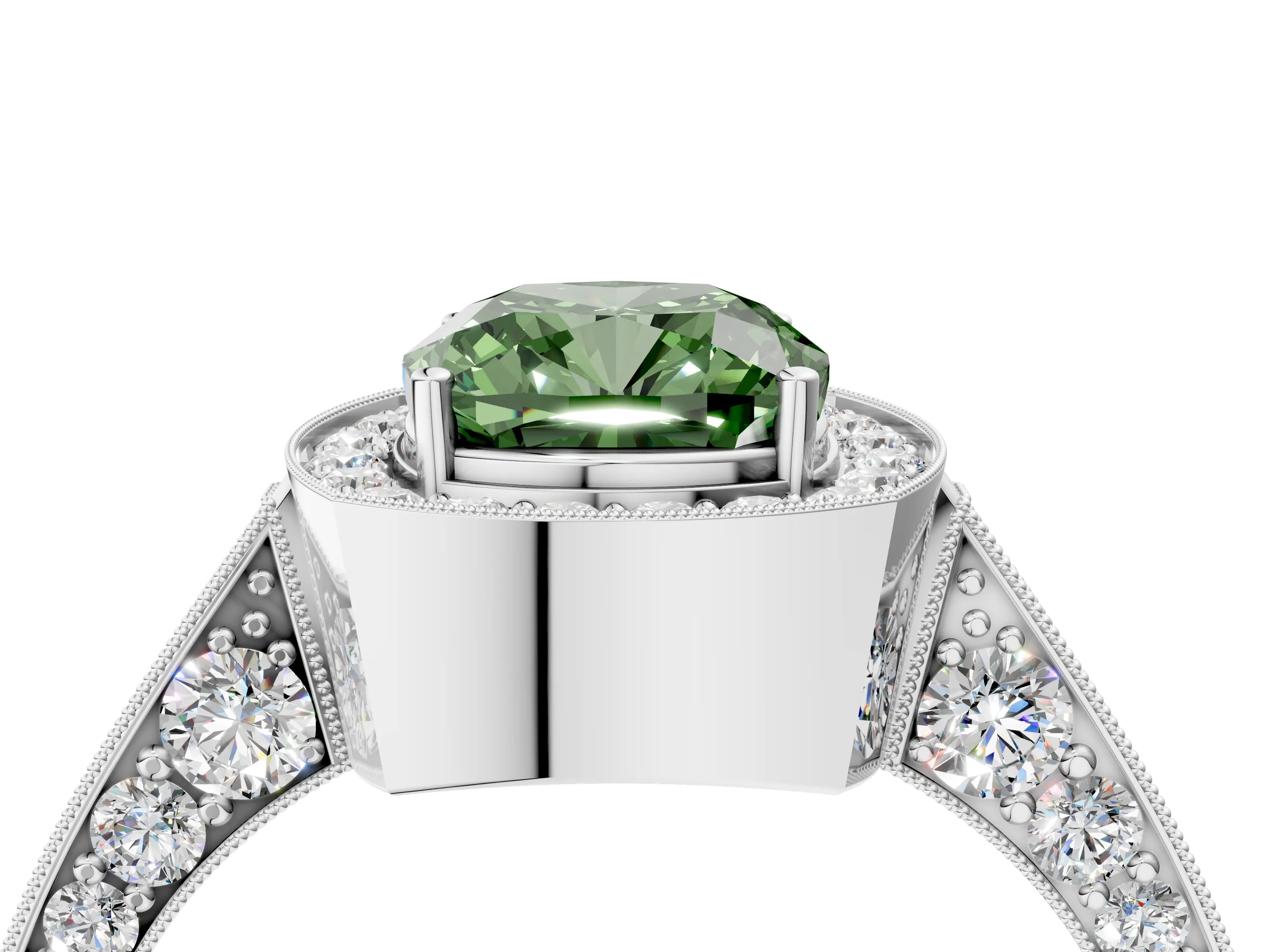 White gold Fancy Green Cushion Cut Halo Diamond Engagement Ring with Split Shank Band and Four-Prong Setting_16