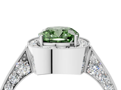 White gold Fancy Green Cushion Cut Halo Diamond Engagement Ring with Split Shank Band and Four-Prong Setting_16