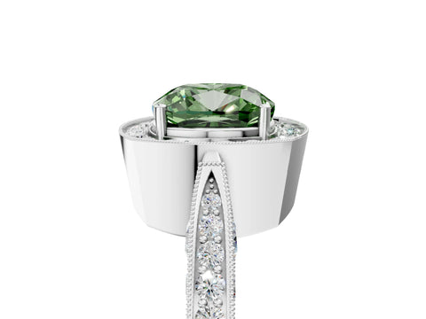 White gold Fancy Green Cushion Cut Halo Diamond Engagement Ring with Split Shank Band and Four-Prong Setting_17