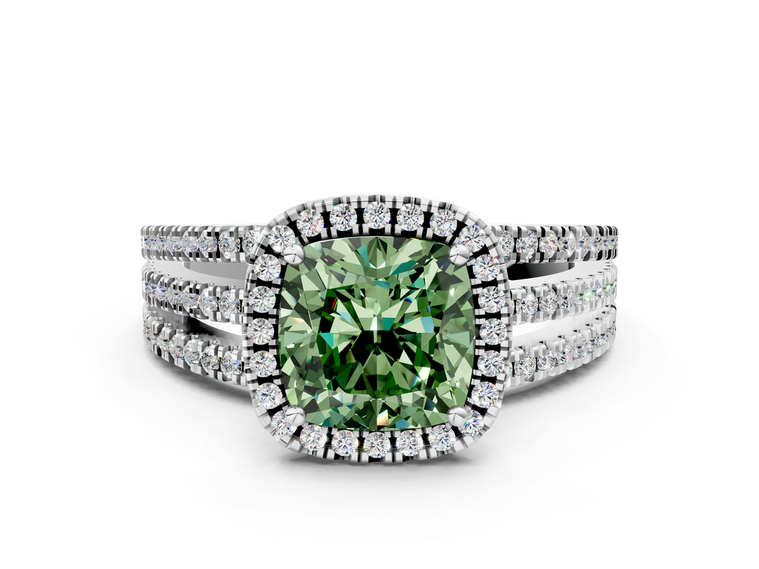 White gold Fancy Green Cushion  Cut Halo Diamond Engagement Ring with Split Shank and Four-Prong Setting_19