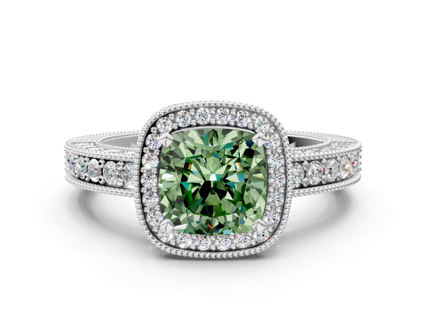 White gold Fancy Green Cushion  Cut Halo Diamond Pave Band Ring with Four-Prong Setting