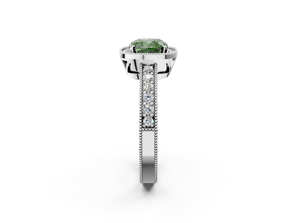 White gold Fancy Green Cushion  Cut Halo Diamond Pave Band Ring with Four-Prong Setting