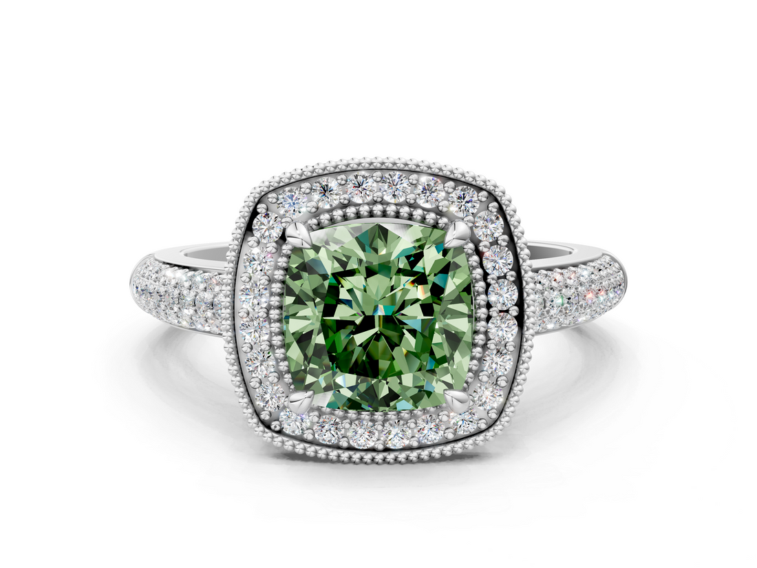 White gold Fancy Green Cushion  Cut Halo Diamond Pave Band with Four-Prong Setting_37