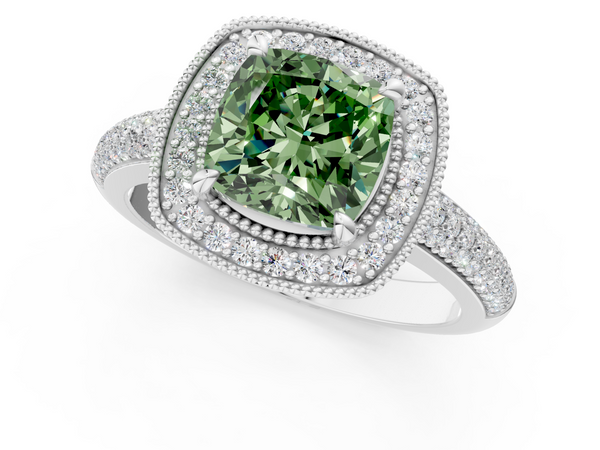Platinum Fancy Green Cushion  Cut Halo Diamond Pave Band with Four-Prong Setting