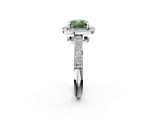 Platinum Fancy Green Cushion  Cut Halo Diamond Pave Band with Four-Prong Setting