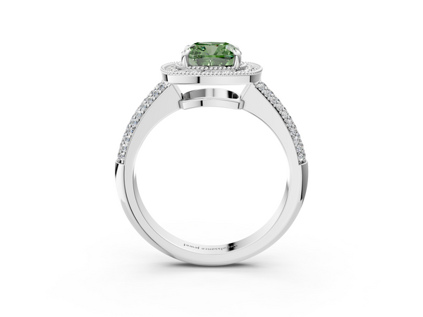 Platinum Fancy Green Cushion  Cut Halo Diamond Pave Band with Four-Prong Setting