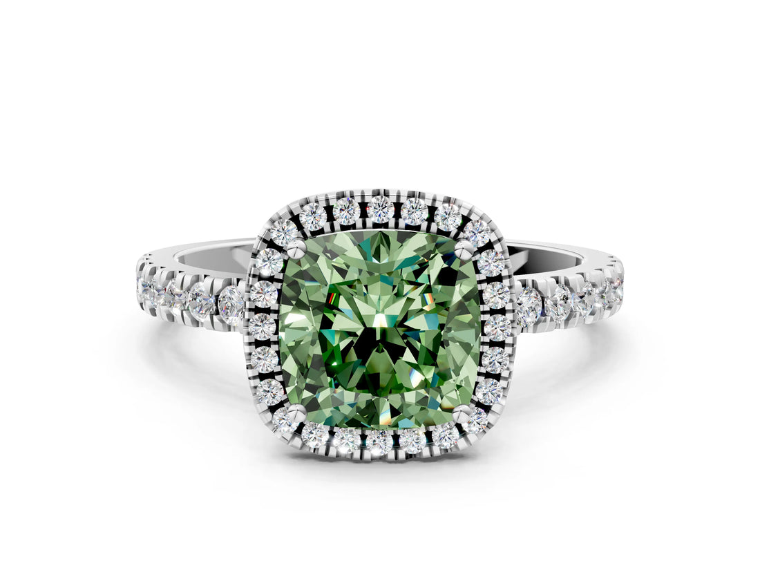 White gold Fancy Green Cushion Cut Halo Diamond Pave Band with Prong Setting_12