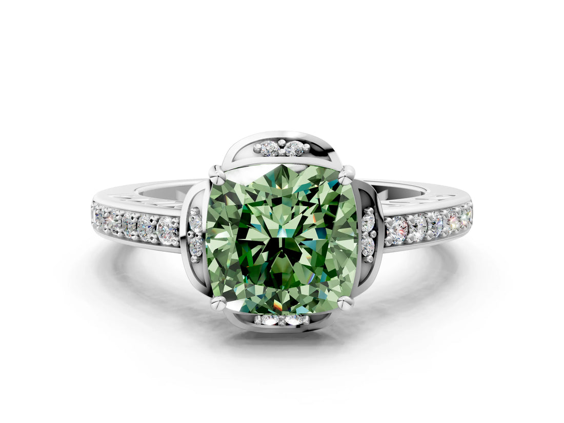 White gold Fancy Green Cushion  Cut Halo Diamond Ring with Channel Set Band and Four-Prong Setting_33