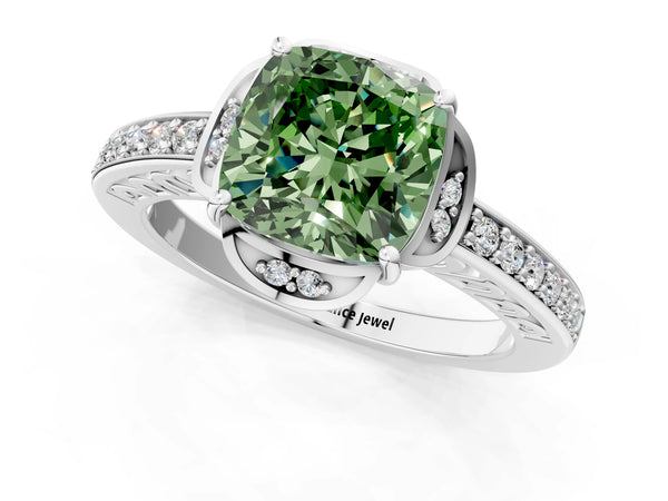 White gold Fancy Green Cushion  Cut Halo Diamond Ring with Channel Set Band and Four-Prong Setting
