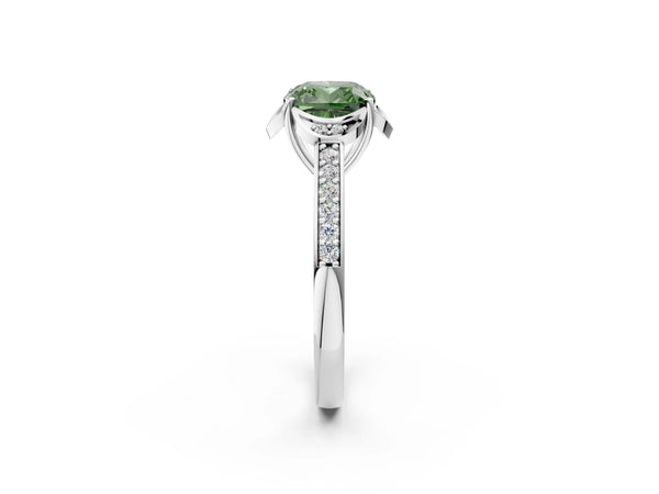 White gold Fancy Green Cushion  Cut Halo Diamond Ring with Channel Set Band and Four-Prong Setting