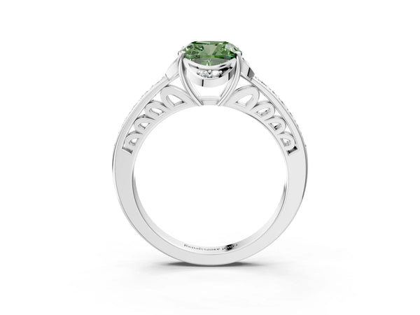 White gold Fancy Green Cushion  Cut Halo Diamond Ring with Channel Set Band and Four-Prong Setting