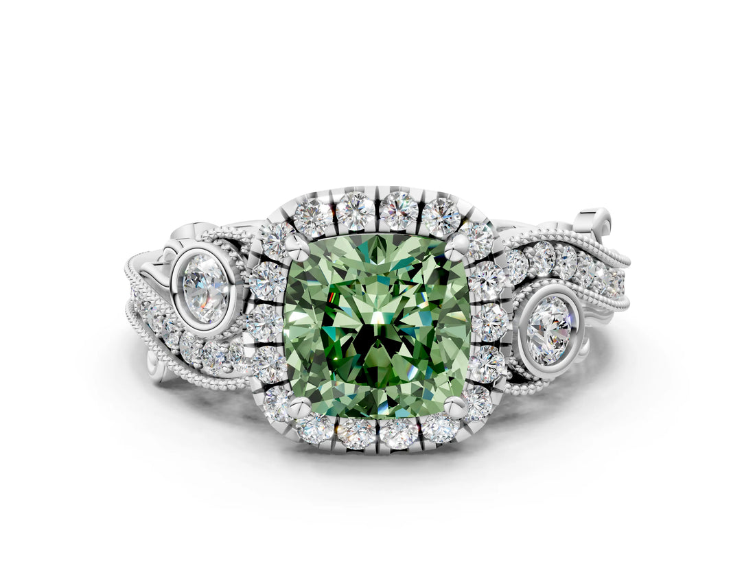 White gold Fancy Green Cushion Cut Halo Diamond Ring with Milgrain and Bezel Accents on a Split Shank Band_12