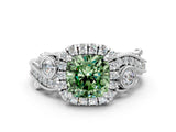 White gold Fancy Green Cushion Cut Halo Diamond Ring with Milgrain and Bezel Accents on a Split Shank Band_12