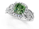 White gold Fancy Green Cushion Cut Halo Diamond Ring with Milgrain and Bezel Accents on a Split Shank Band_13