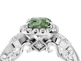 White gold Fancy Green Cushion Cut Halo Diamond Ring with Milgrain and Bezel Accents on a Split Shank Band_16