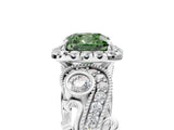 White gold Fancy Green Cushion Cut Halo Diamond Ring with Milgrain and Bezel Accents on a Split Shank Band_17