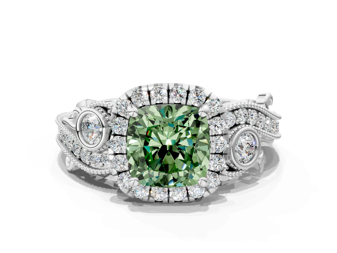 White gold Fancy Green Cushion Cut Halo Diamond Ring with Milgrain and Bezel Accents on a Split Shank Band_24