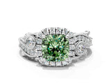 White gold Fancy Green Cushion Cut Halo Diamond Ring with Milgrain and Bezel Accents on a Split Shank Band_24