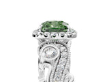 White gold Fancy Green Cushion Cut Halo Diamond Ring with Milgrain and Bezel Accents on a Split Shank Band_29