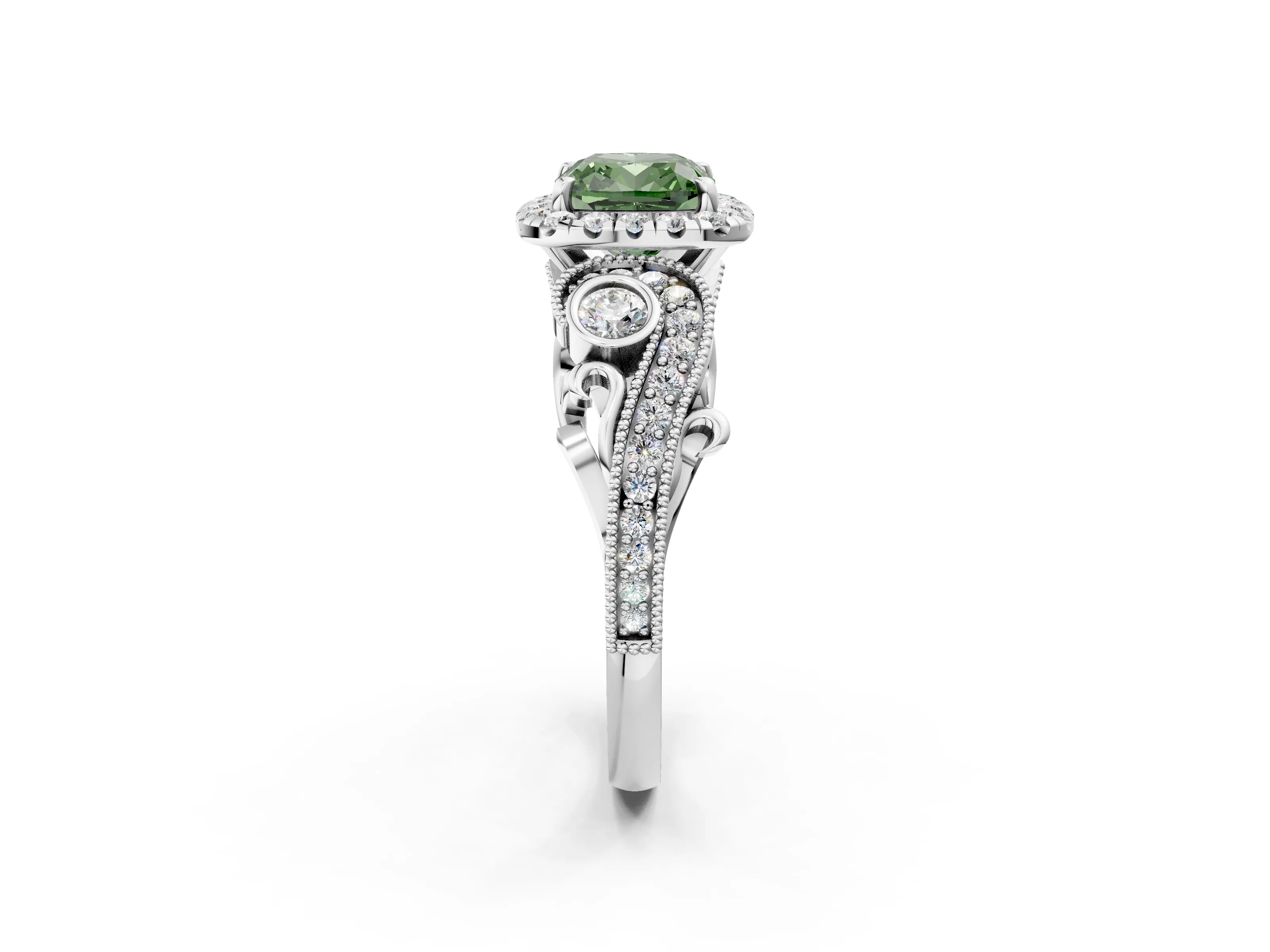 White gold Fancy Green Cushion Cut Halo Diamond Ring with Milgrain and Bezel Accents on a Split Shank Band_2