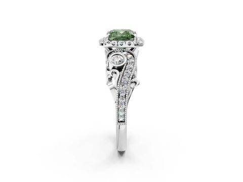 White gold Fancy Green Cushion Cut Halo Diamond Ring with Milgrain and Bezel Accents on a Split Shank Band_2