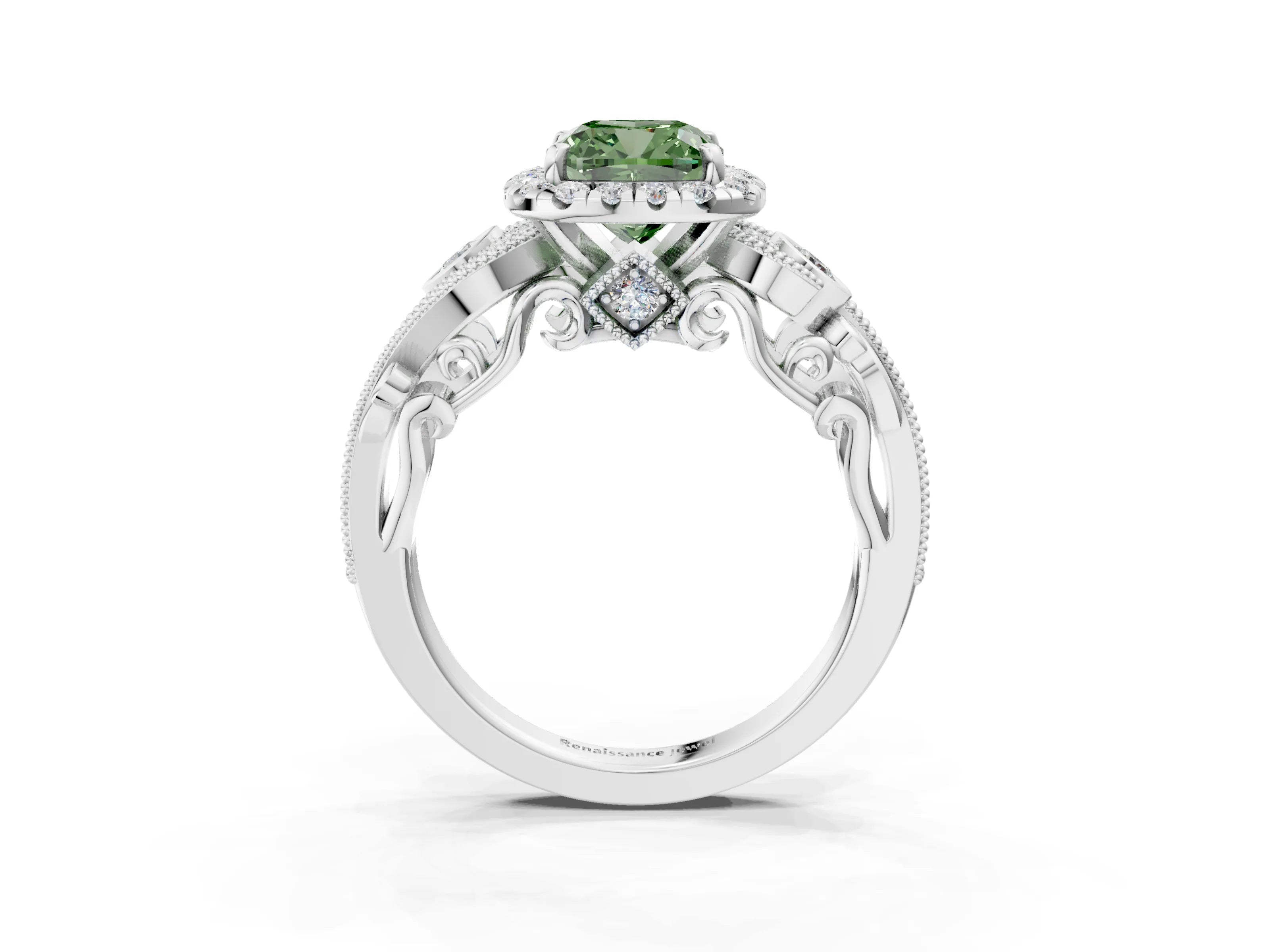 White gold Fancy Green Cushion Cut Halo Diamond Ring with Milgrain and Bezel Accents on a Split Shank Band_3