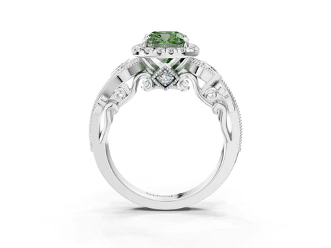 White gold Fancy Green Cushion Cut Halo Diamond Ring with Milgrain and Bezel Accents on a Split Shank Band_3