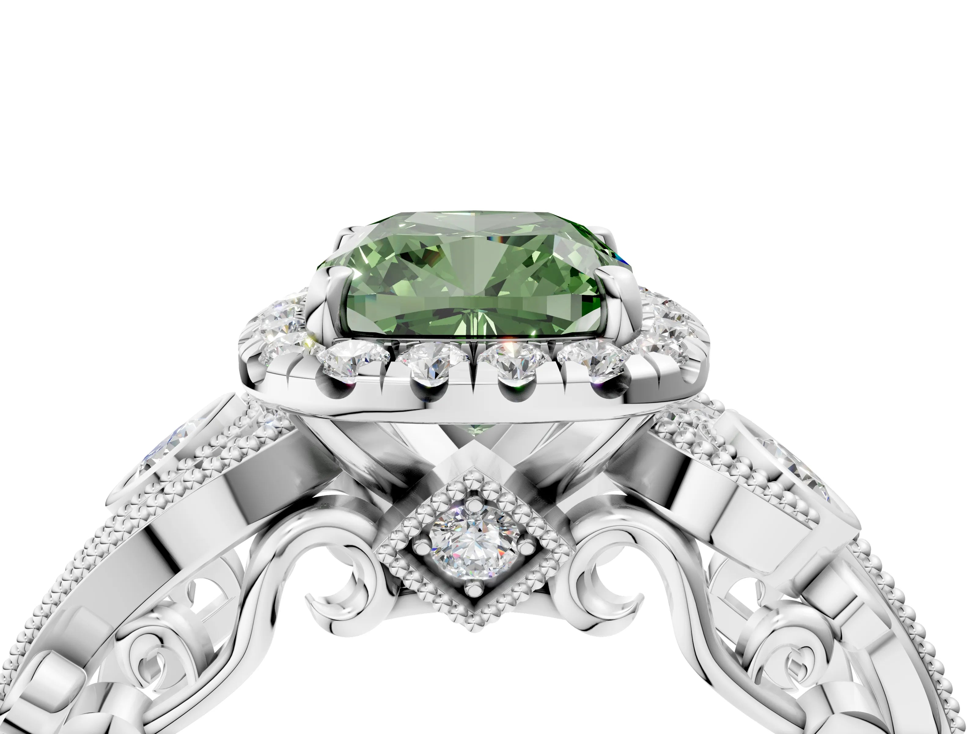 White gold Fancy Green Cushion Cut Halo Diamond Ring with Milgrain and Bezel Accents on a Split Shank Band_4