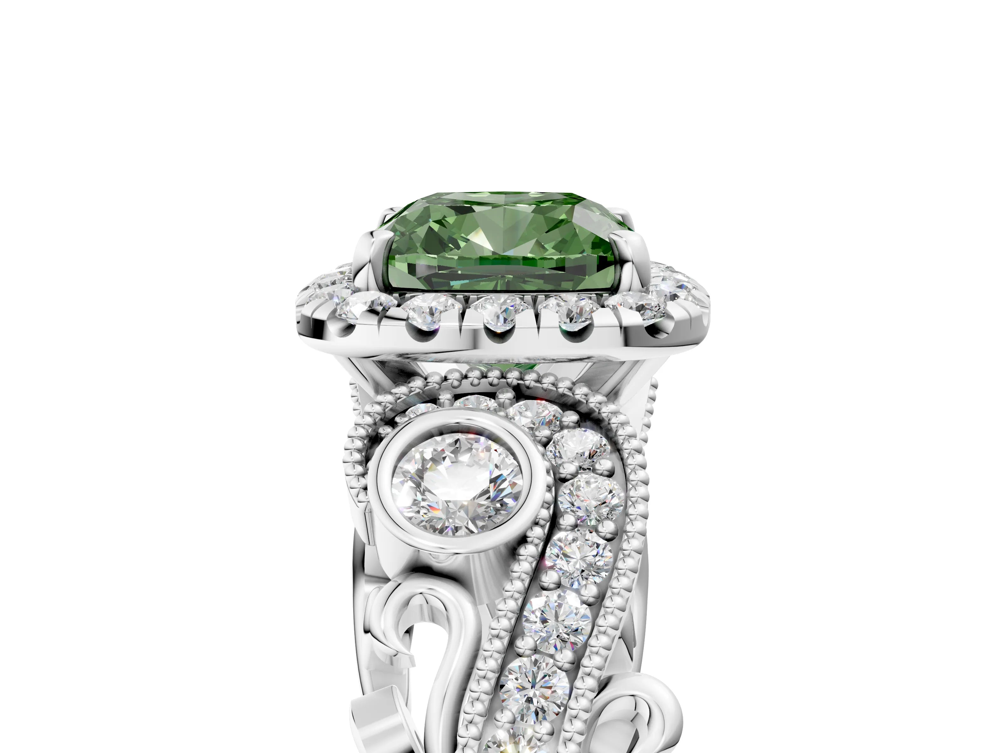 White gold Fancy Green Cushion Cut Halo Diamond Ring with Milgrain and Bezel Accents on a Split Shank Band_5