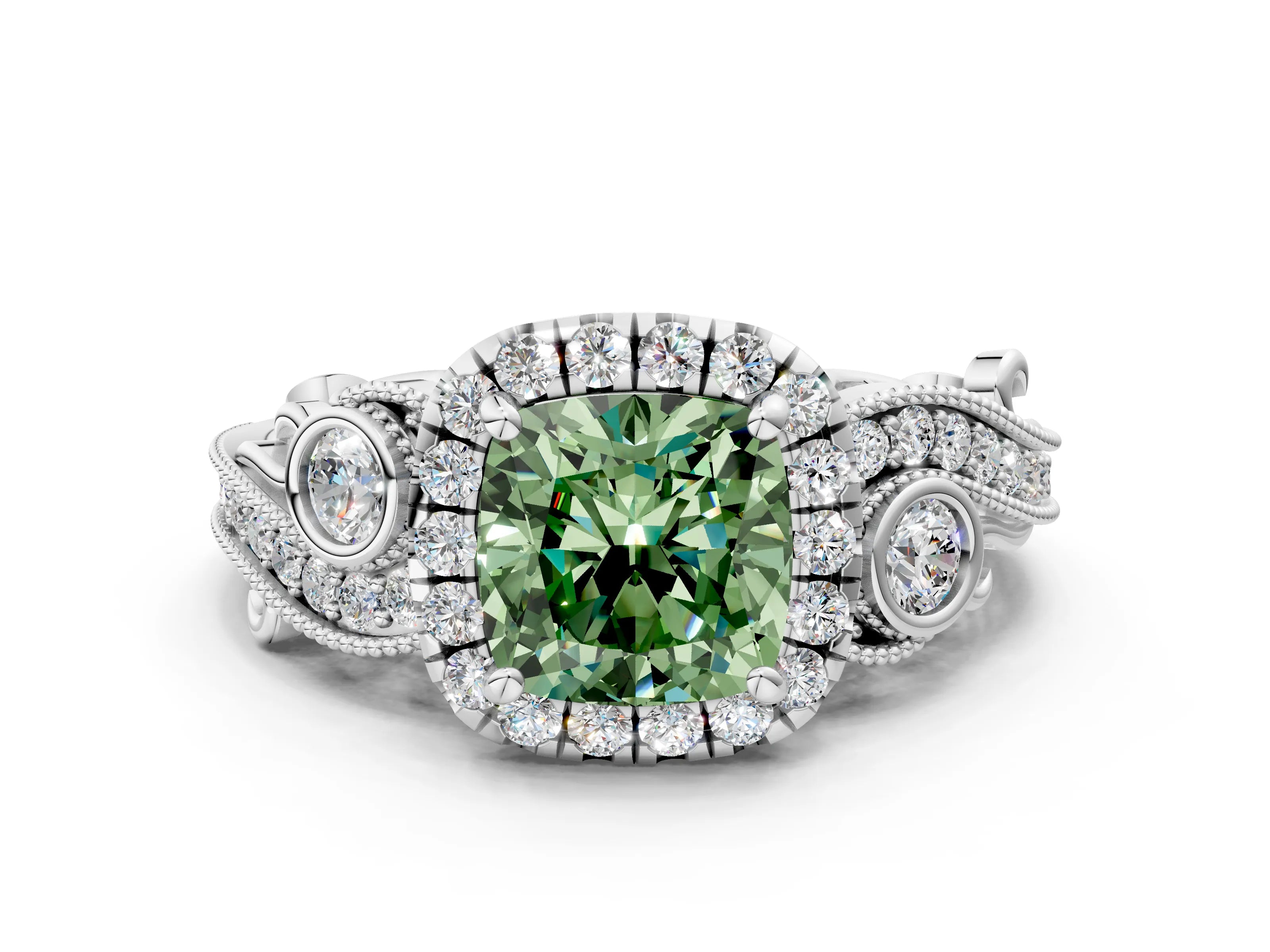 White gold Fancy Green Cushion Cut Halo Diamond Ring with Milgrain and Bezel Accents on a Split Shank Band