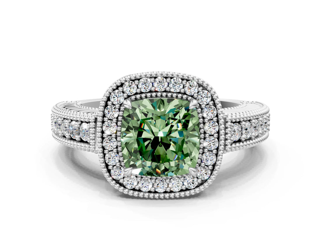 White gold Fancy Green Cushion  Cut Halo Diamond Ring with Pavé Band and Four-Prong Setting_69